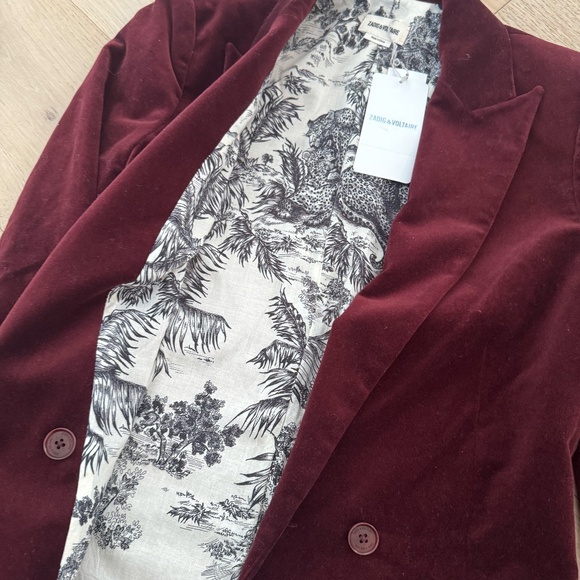 NWT Zadig & Voltaire Visko Burgundy Red Velvet Double Breasted Blazer Jacket - Picture 3 of 4